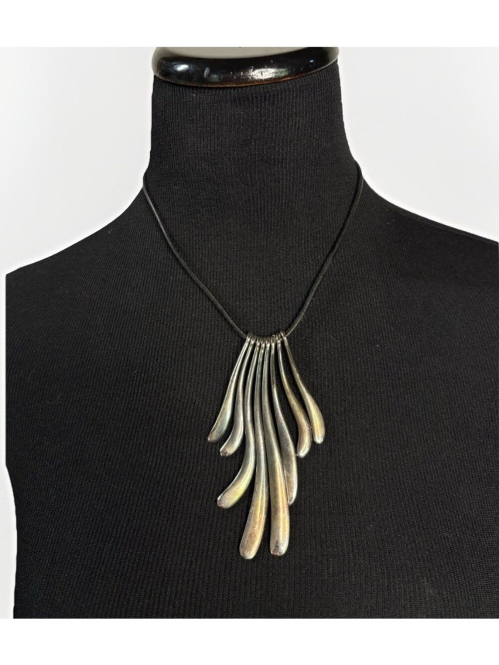Chico’s Silver Tone Necklace Black Cord Long Fluid Sculptural Modernist Choker